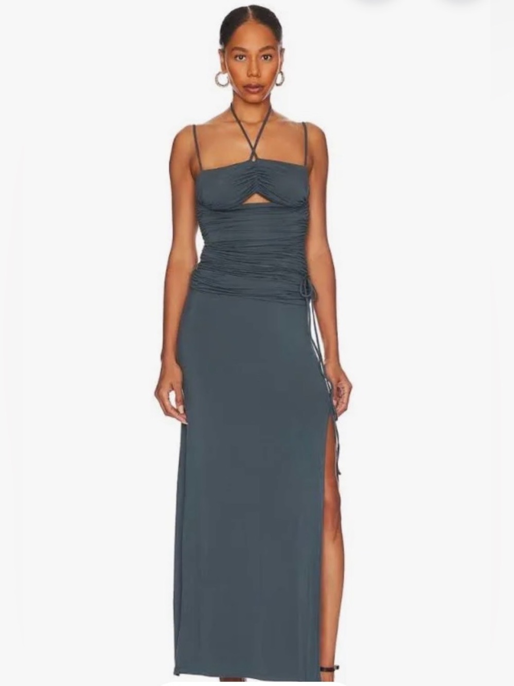 LPA Charcoal Ruched Cutout Halter Maxi Dress